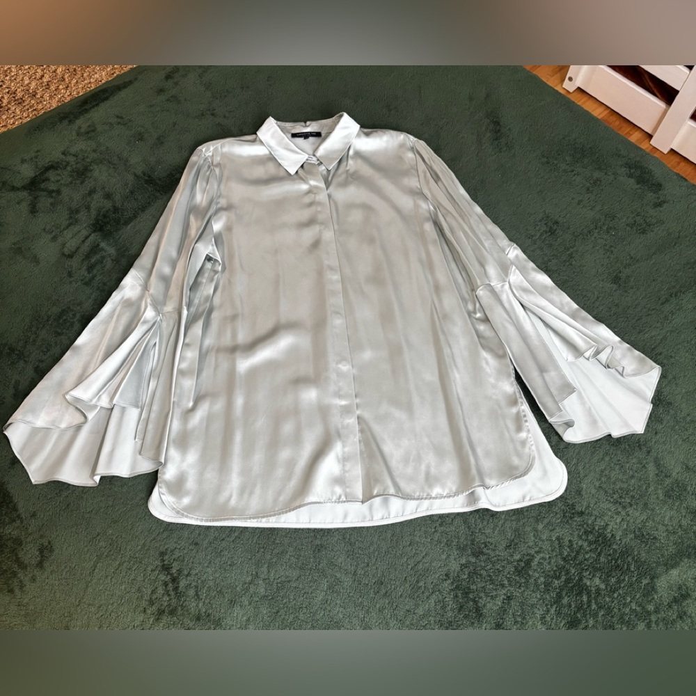 Lafayette 148 New York Peppermint 100% Silk Bell Sleeve Blouse XL $498 Old Money - Picture 2 of 7